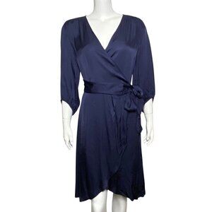 Soaked Studio Satin Eline Wrap Dress Navy Blue V Neck Half Sleeve